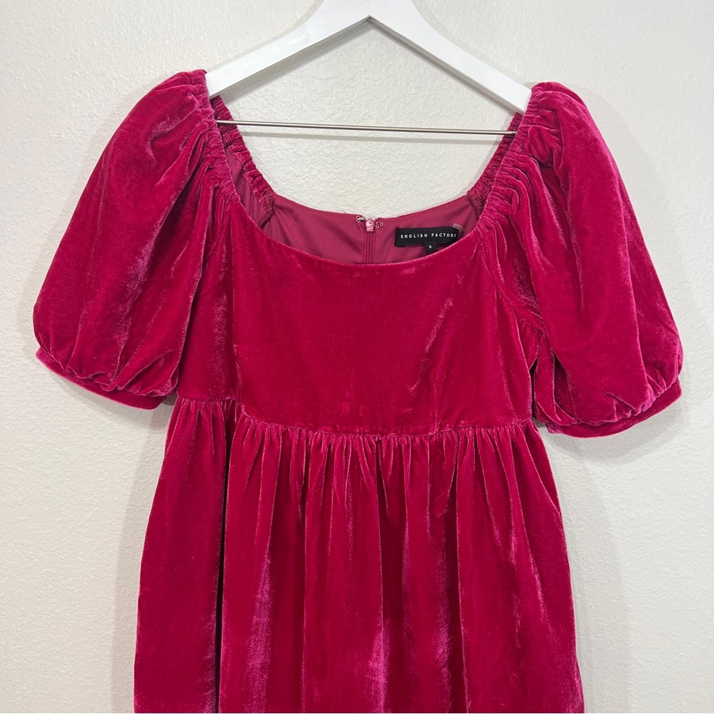 English Factory Rasbperry Red Pink Puff Sleeve Velvet Babydoll Dress Size Small - Picture 3 of 9